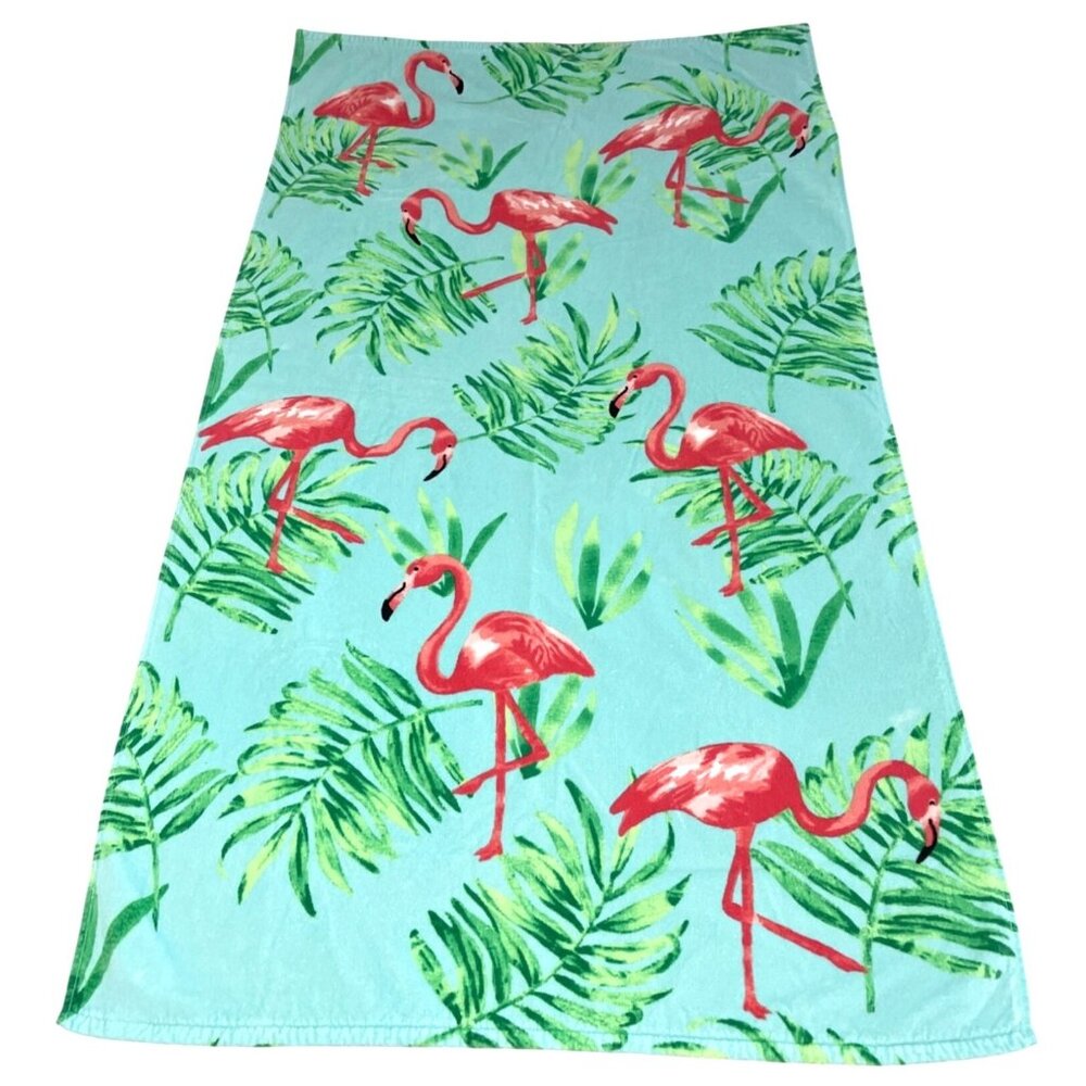 Blue Pink Flamingo Large Beach Towel Tropical Palm Leaf Pool Bath Cotton READ - Picture 2 of 16